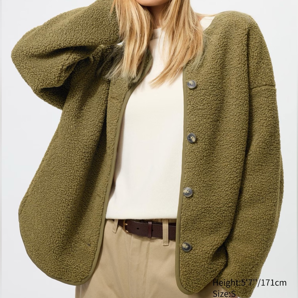 Uniqlo Olive Pile Lined Fleece Relaxed Cardigan